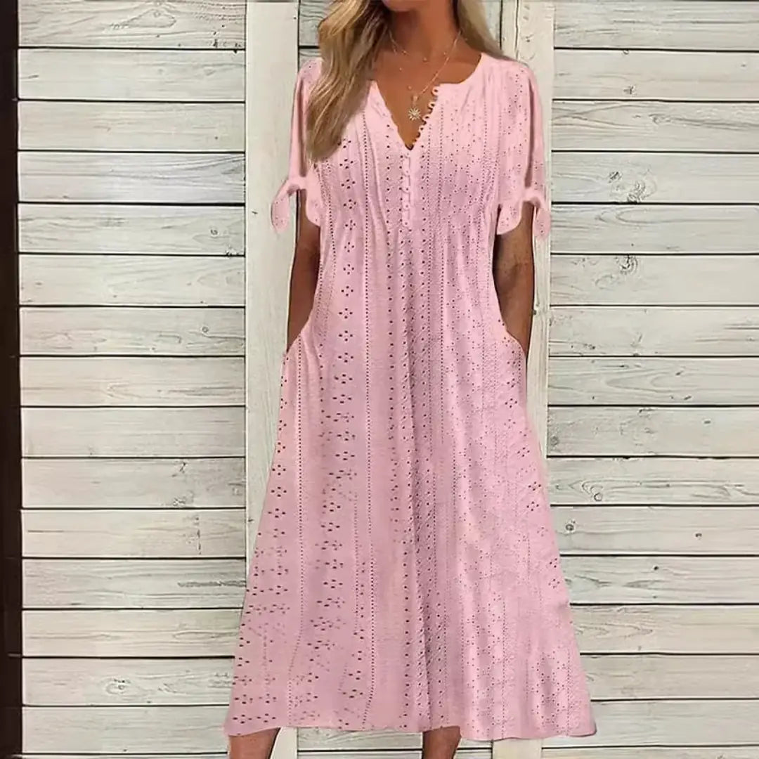 Vestido de Renda Jana - Gola em V de Manga Curta (Verão 2026)