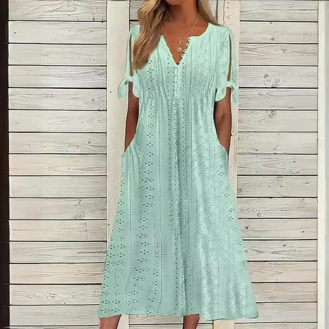 Vestido de Renda Jana - Gola em V de Manga Curta (Verão 2026)